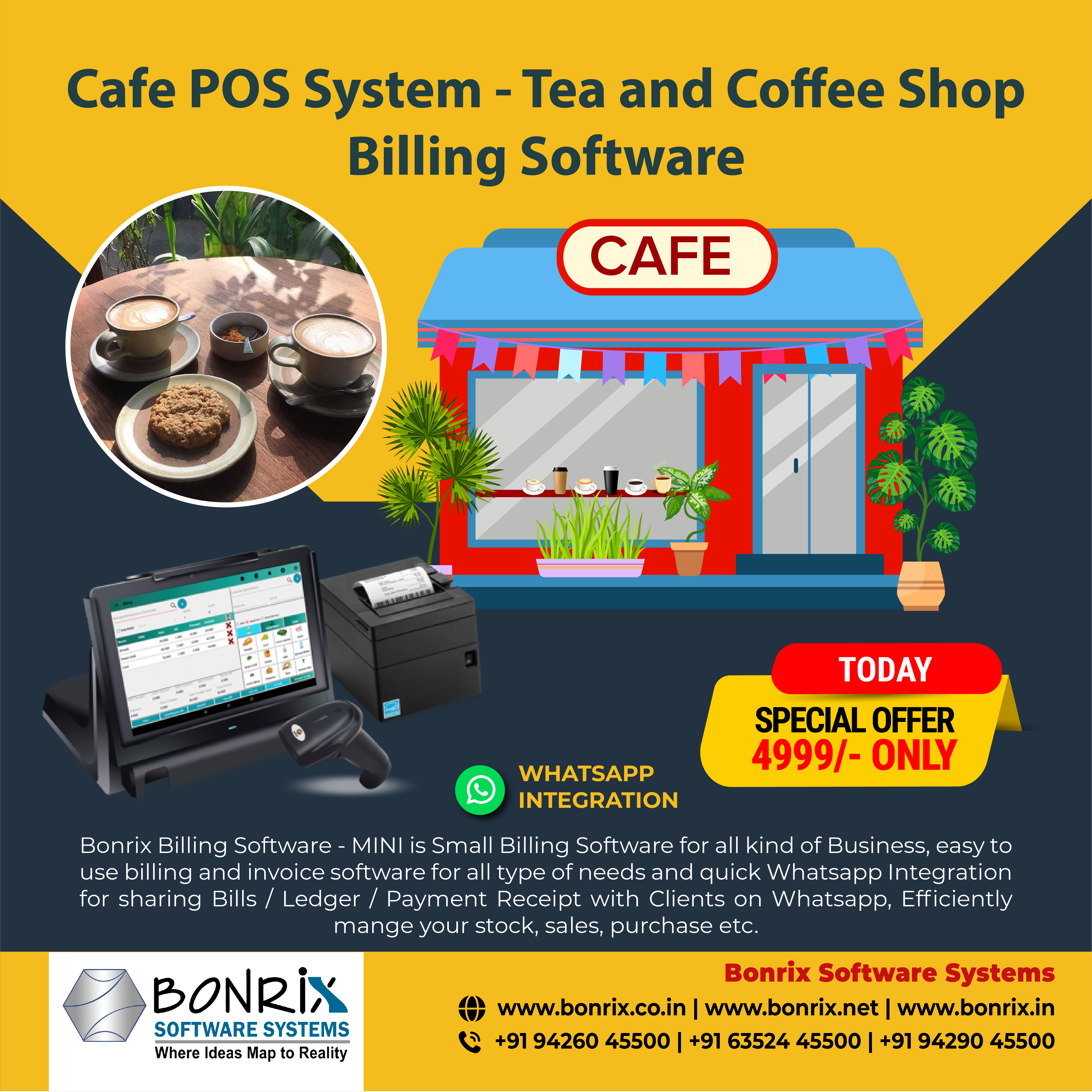 Cafe POS System - Tea and Coffee Shop Billing Software. Small billing software for all kinds of businesses with quick Whatsapp integration for bills, ledger, and payment receipts.